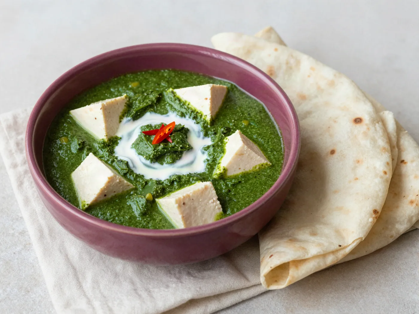 Palak tofu in a plum bowl with rotis