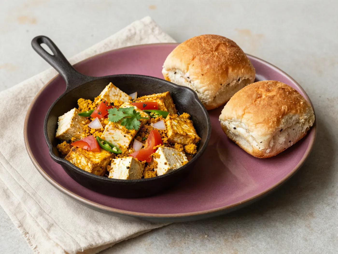 Tofu bhurji in a cast-iron pan with two pav