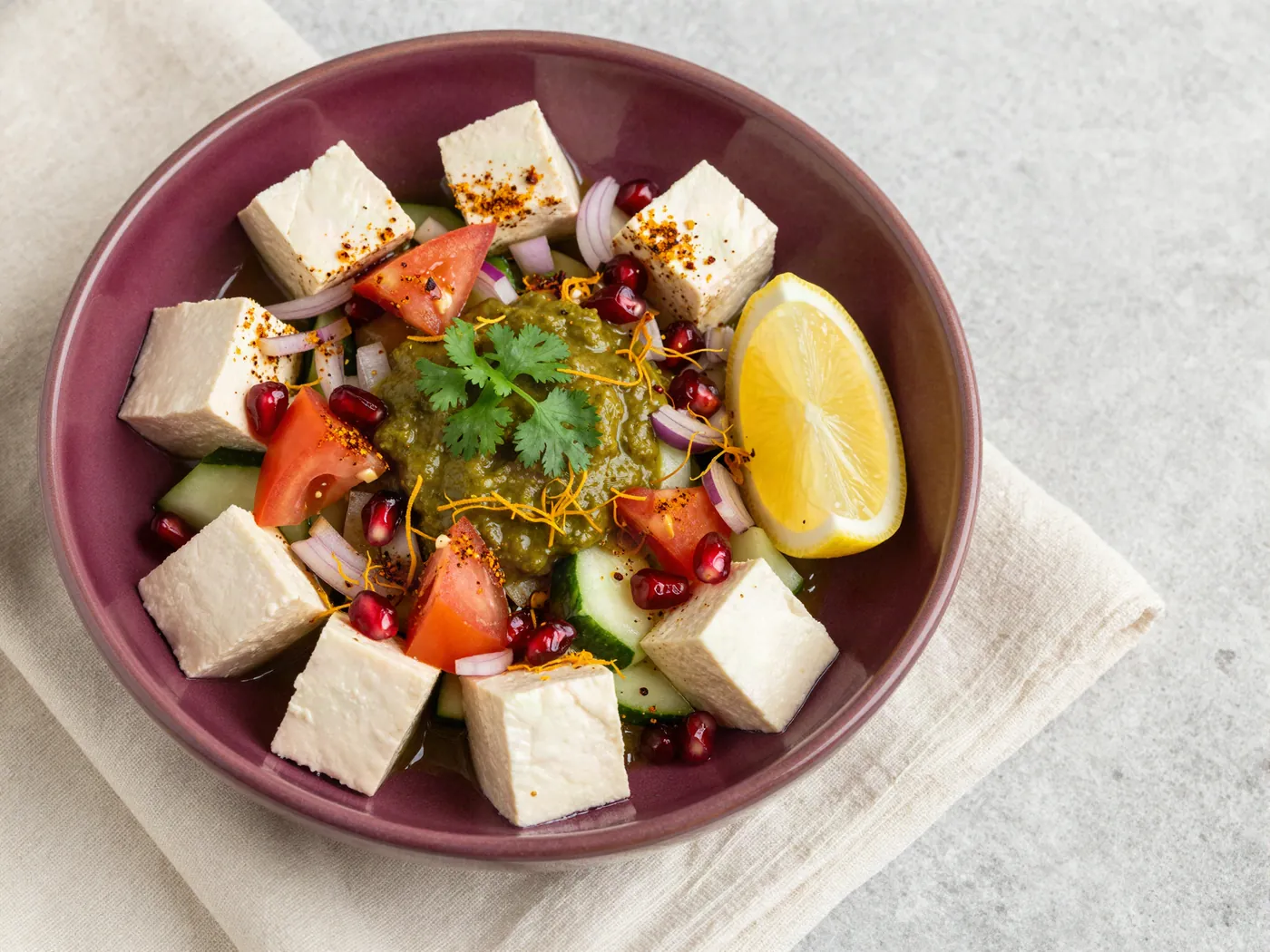 Tofu chaat with pomegranate, onion and chutney